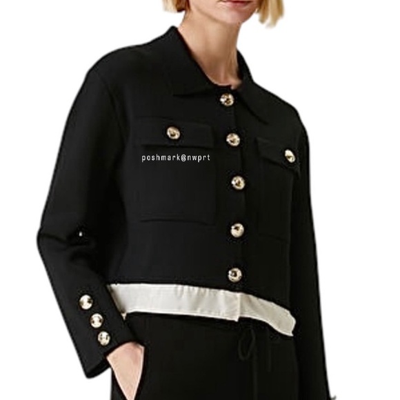 SANDRO Haylo Coatigan Ruffle Hem Knit Cardigan Sweater Jacket Black Cream XS 0 - Picture 2 of 15